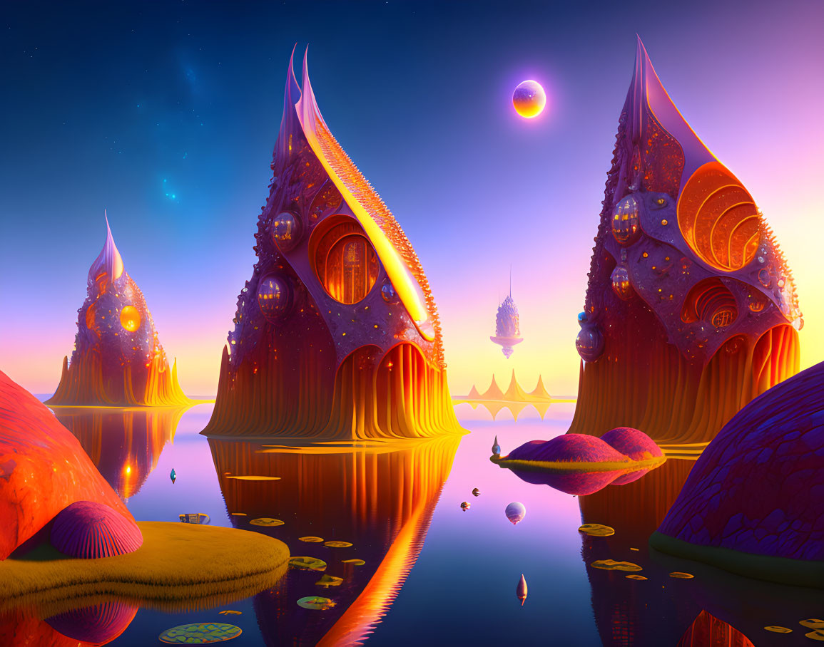 Vibrant surreal sunset landscape with whimsical spire-topped structures