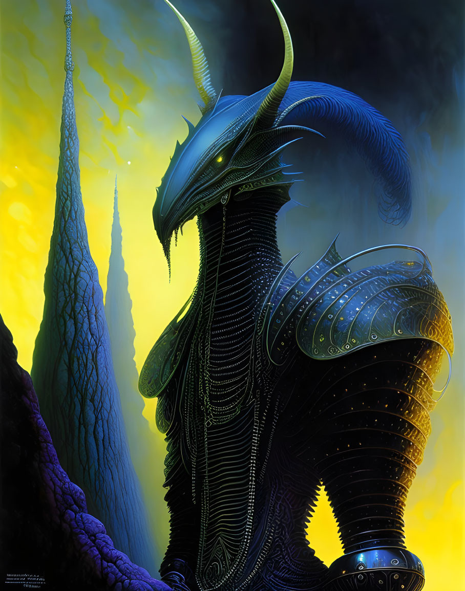 Majestic black-armored dragon with glowing green eyes on vibrant backdrop