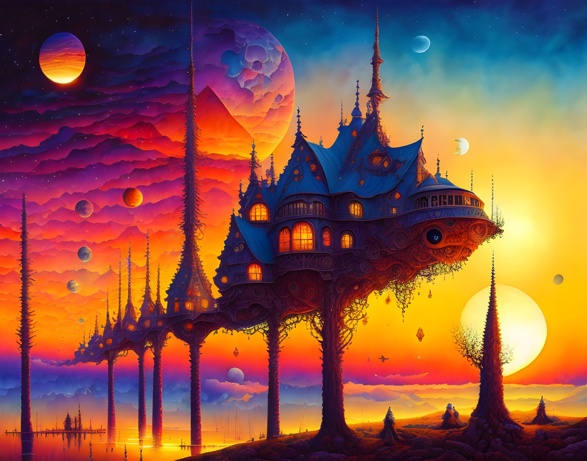 Fantasy artwork: Whimsical treehouse under celestial moons