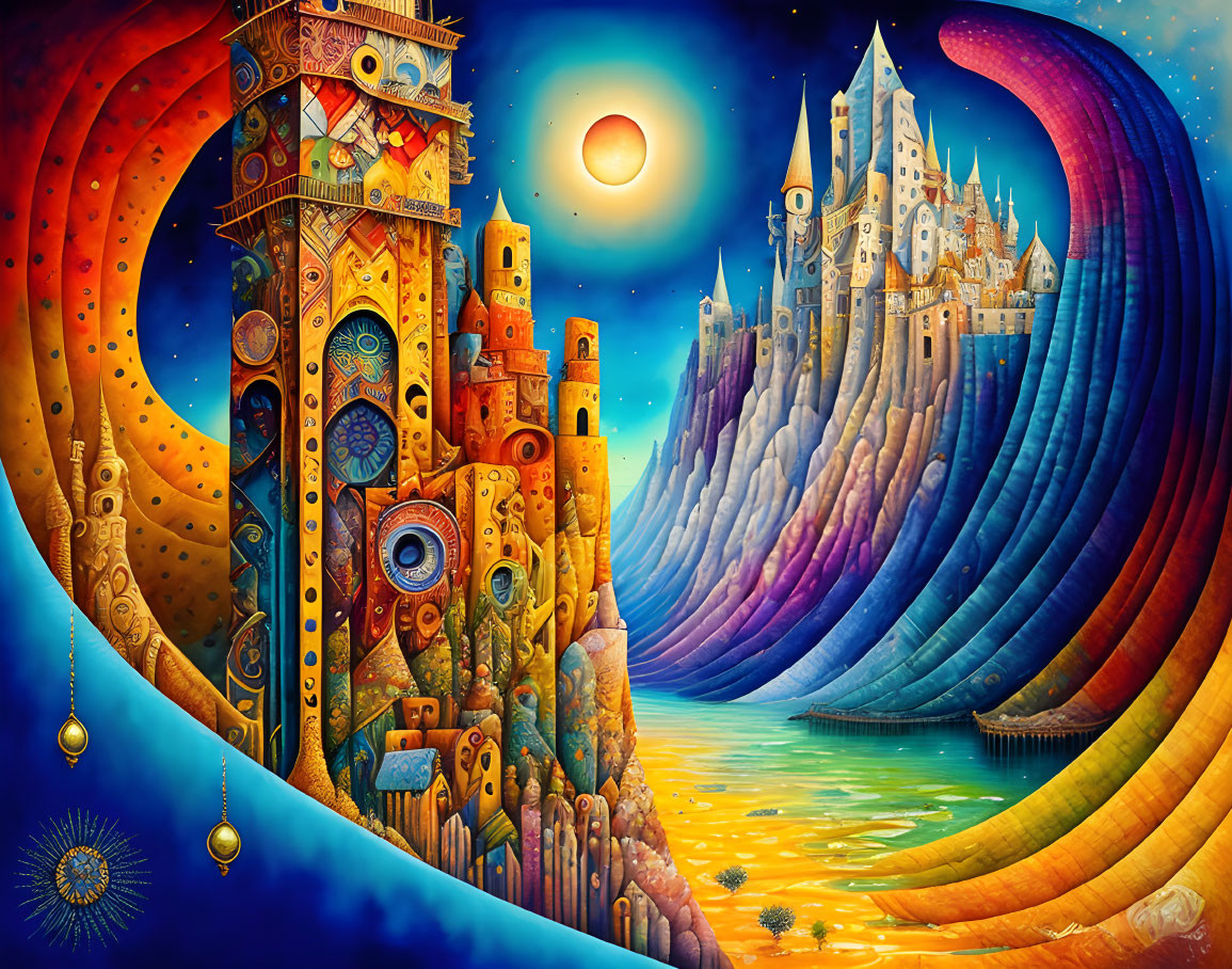 Colorful fantasy artwork: whimsical castles & celestial sky