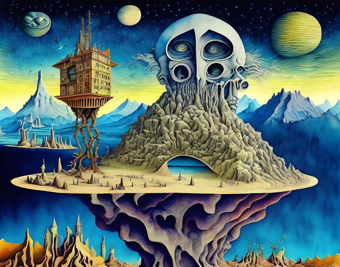 Surreal floating island, building on legs, alien faces, celestial bodies, mountainous landscape