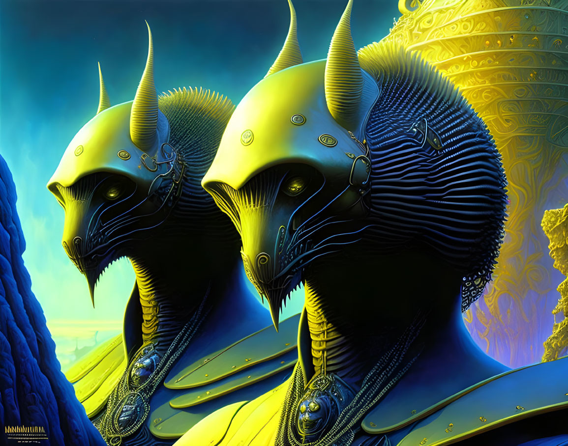 Fantastical creatures with horned helmets and intricate neck armor on blue and yellow backdrop