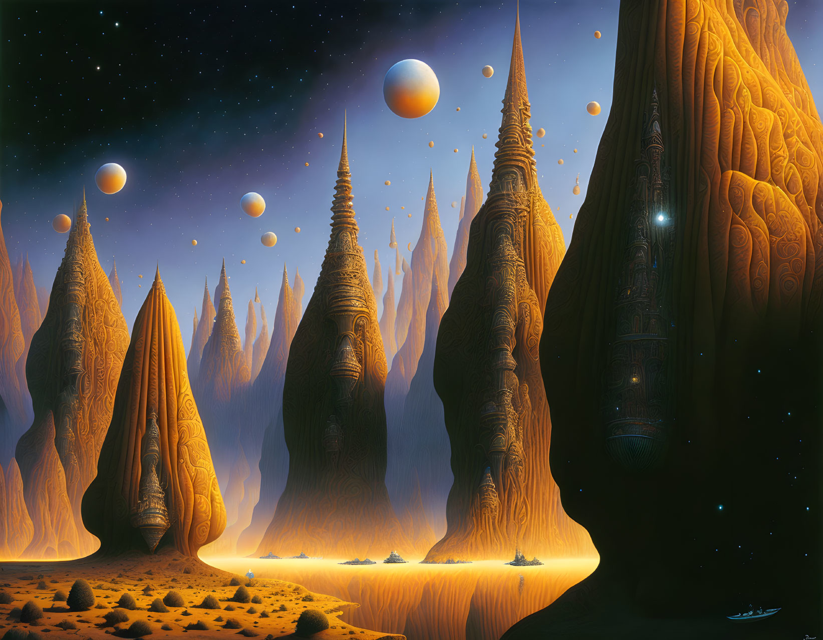 Alien landscape with towering spire formations under starry sky