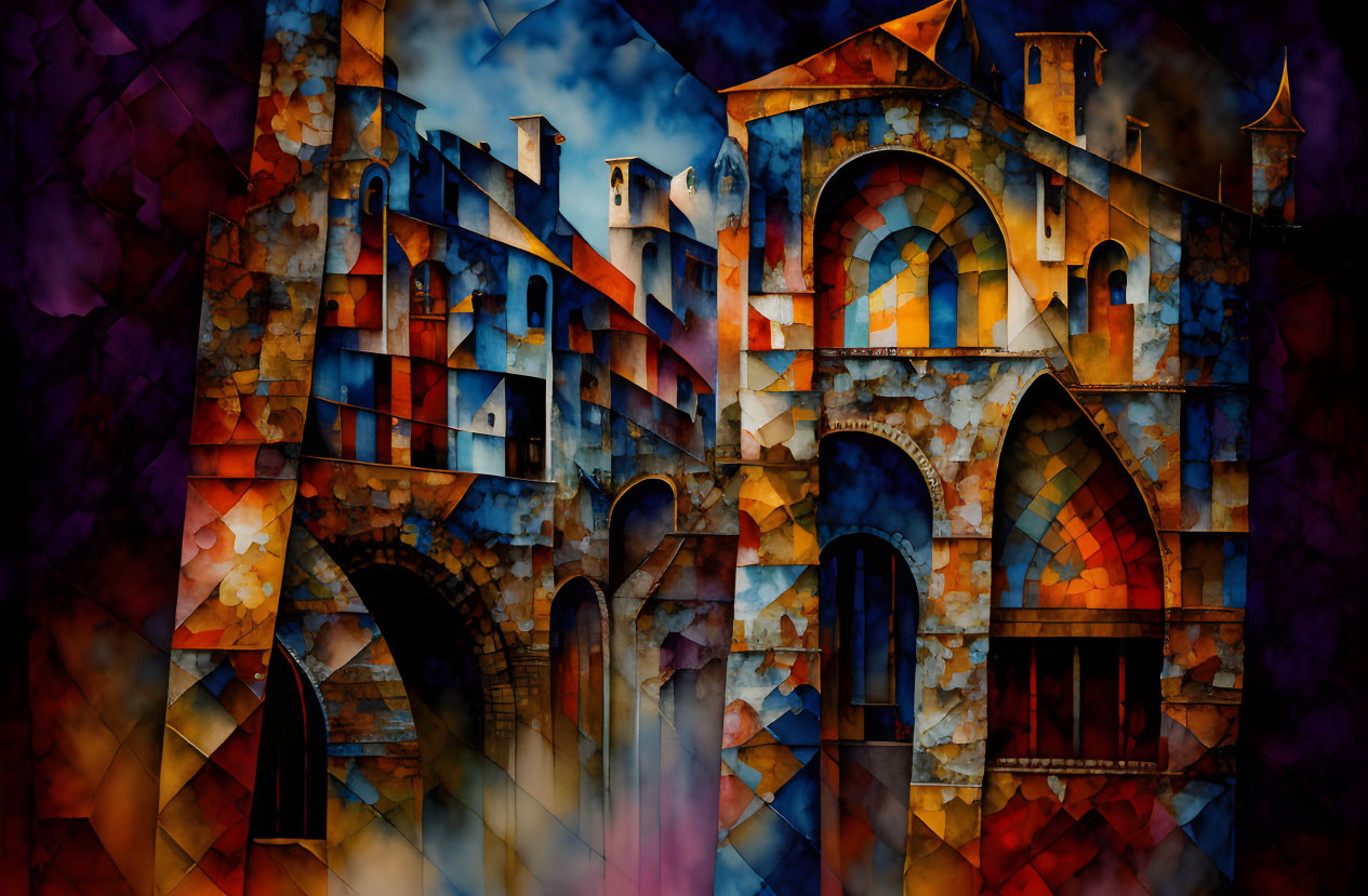 Abstract Gothic Architecture Artwork with Vibrant Cool and Warm Tones