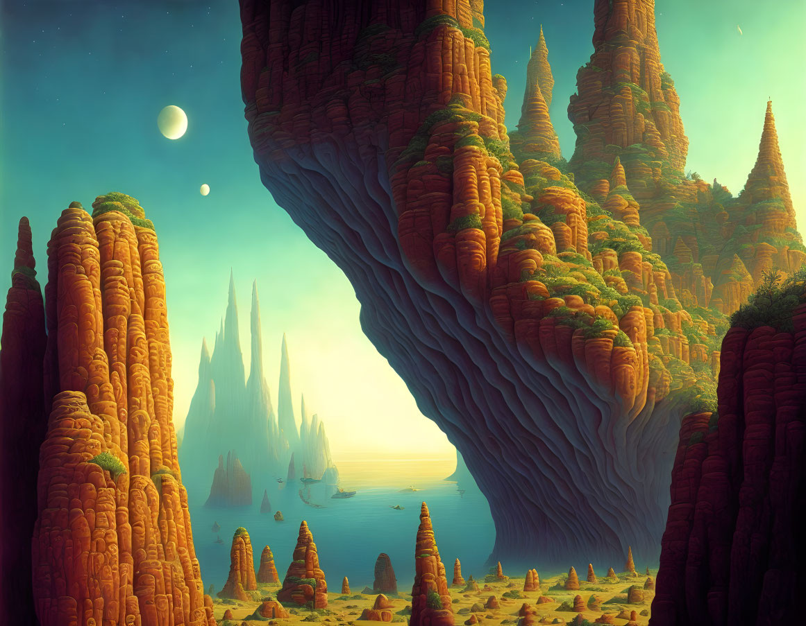 Fantastical landscape with orange rock formations and green sky.