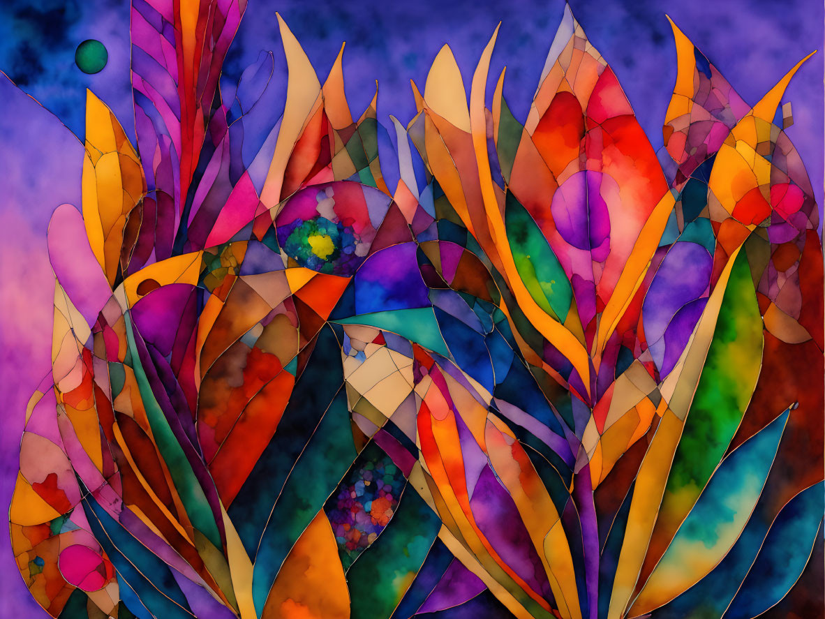 Colorful Abstract Stained-Glass Style Art with Foliage Patterns on Blue-Purple Background