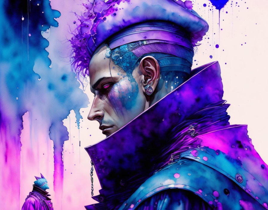 Artistic Portrait of Person with Violet Skin, Futuristic Crown, and High-Collared Coat on