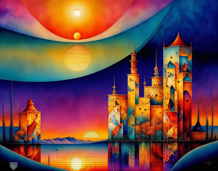 Whimsical castles painting by reflective water under surreal sky