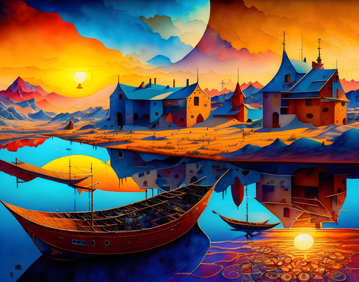 Scenic lakeside village painting at sunset with colorful skies, boats, and mountains