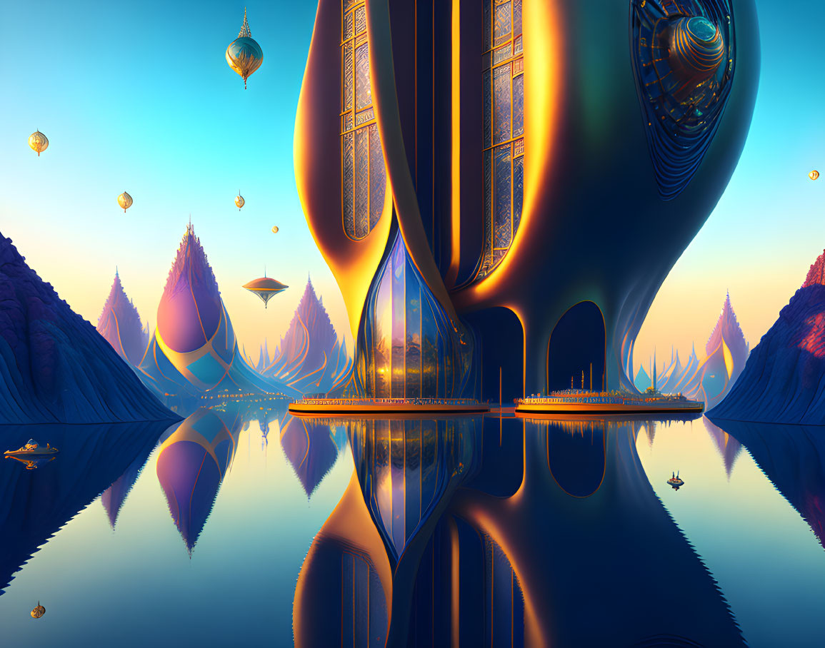 Futuristic sci-fi landscape with floating vessels and sunset reflection