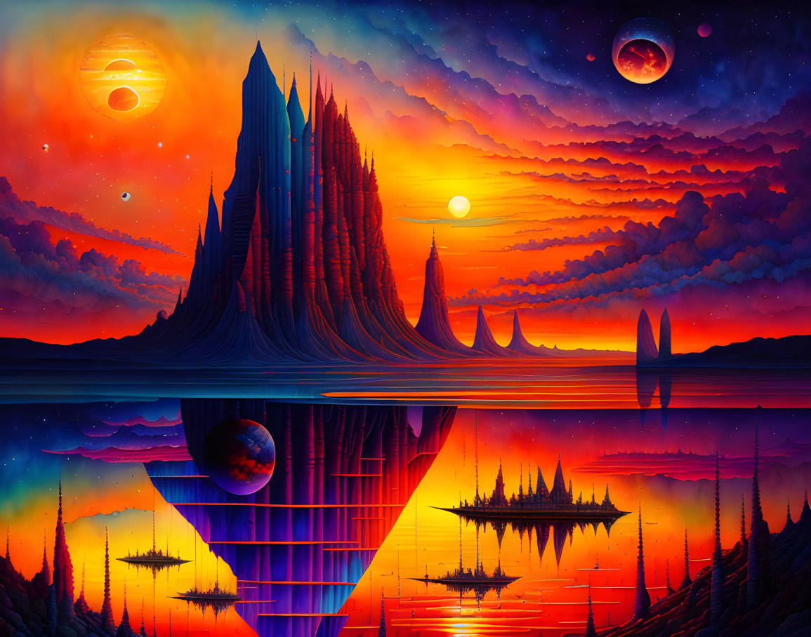 Fantasy landscape with towering spires and celestial bodies reflected in water