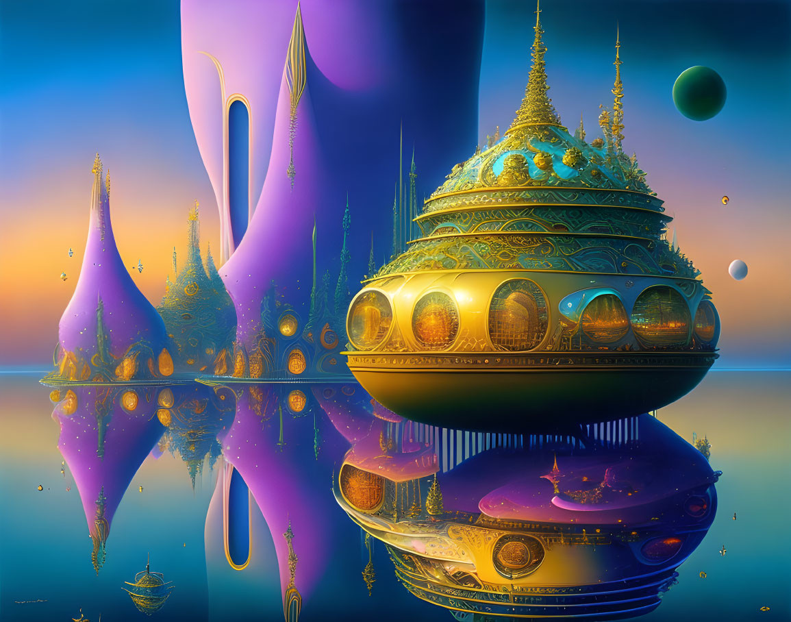 Golden-domed structure reflected in water with purple spire-like formations and floating orbs against a sunset sky