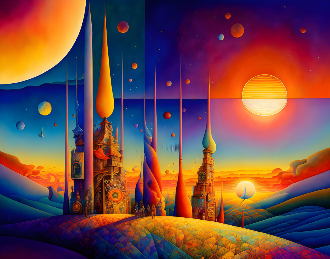 Colorful Surreal Painting: Droplet Towers & Dual Sky