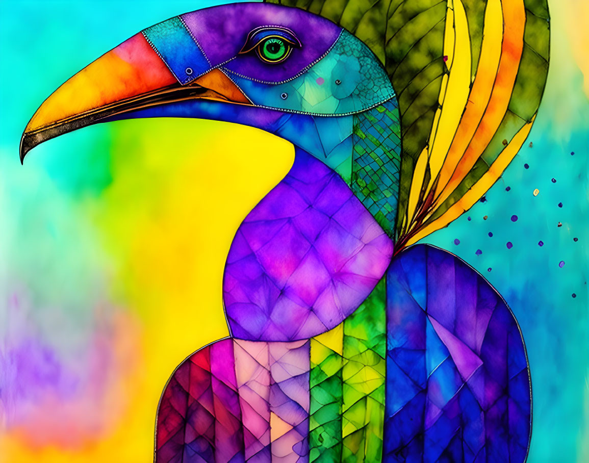 Vivid Toucan-Inspired Bird Illustration with Geometric Patterns