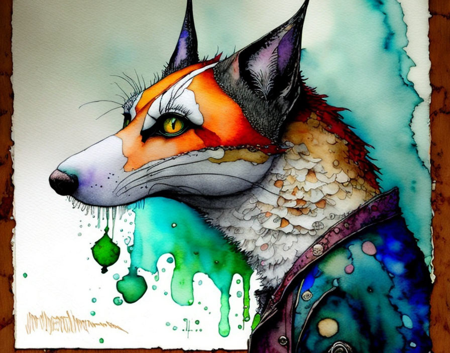 Vibrant Fox Head Illustration with Watercolor Splashes