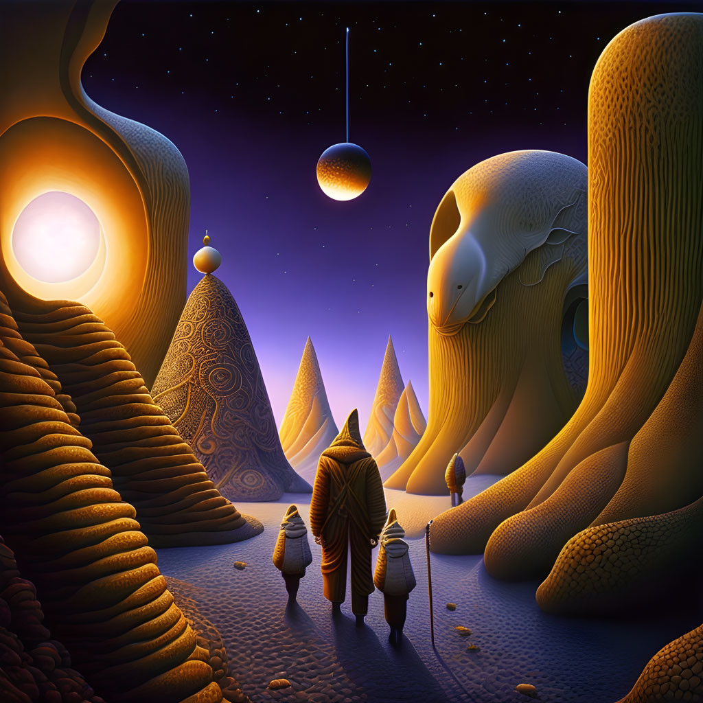 Surreal landscape with robed figures, whimsical structures, and celestial elements