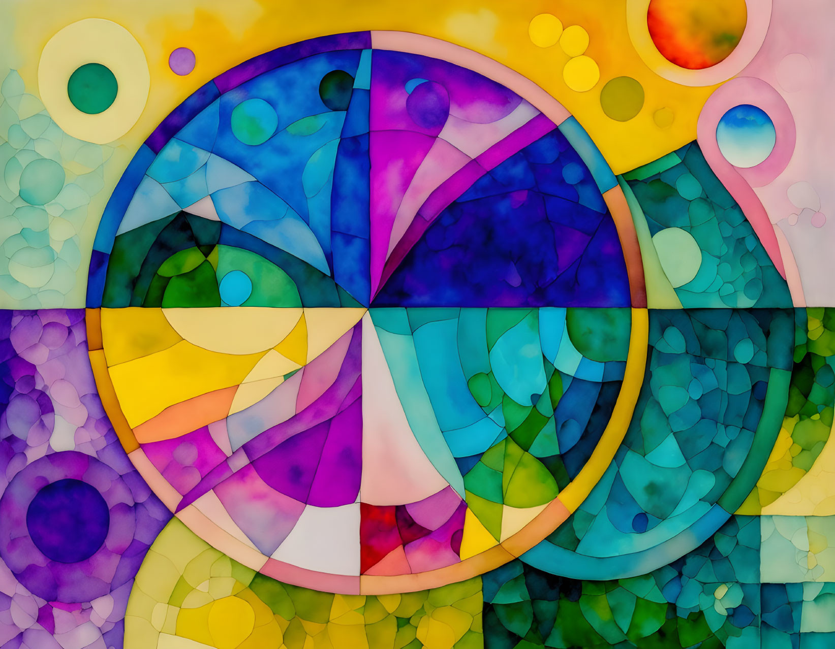 Colorful Geometric Stained Glass Artwork with Circular Patterns