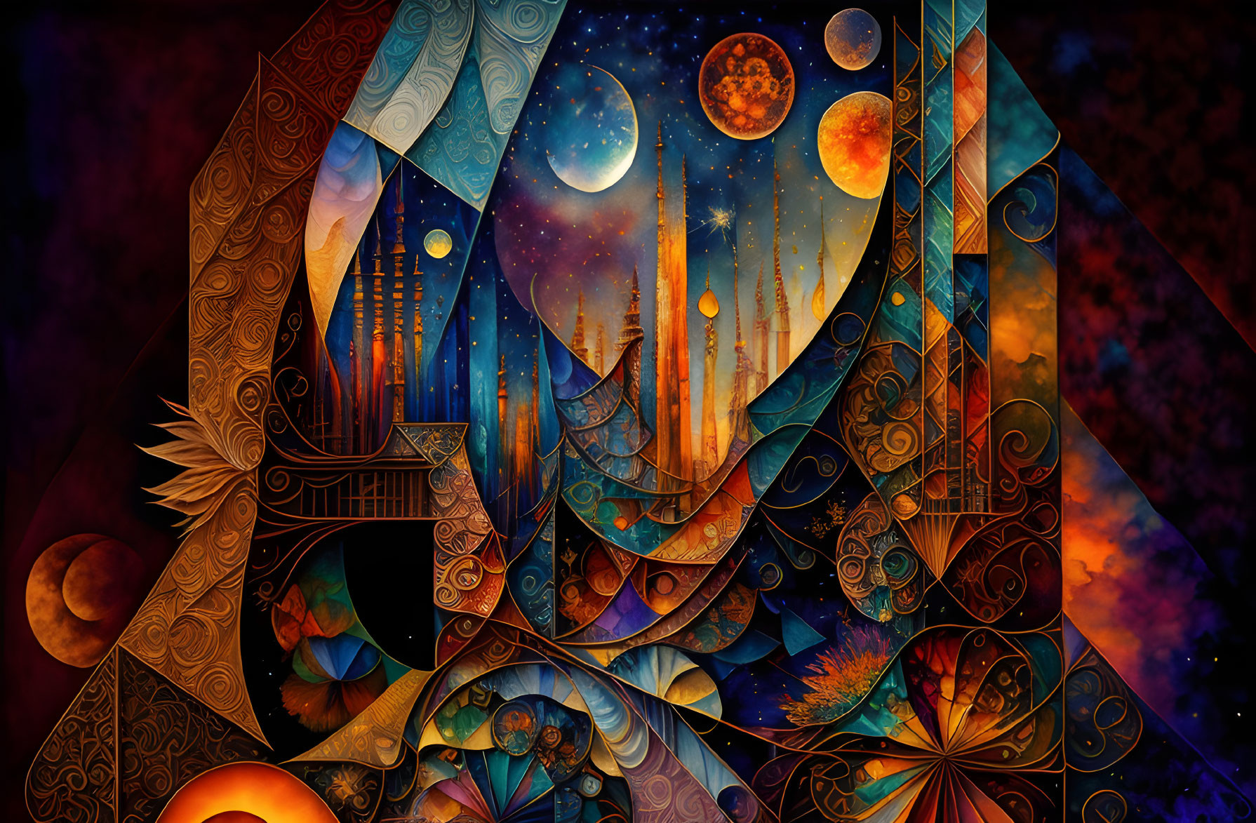 Abstract Art Piece with Cosmic and Architectural Elements