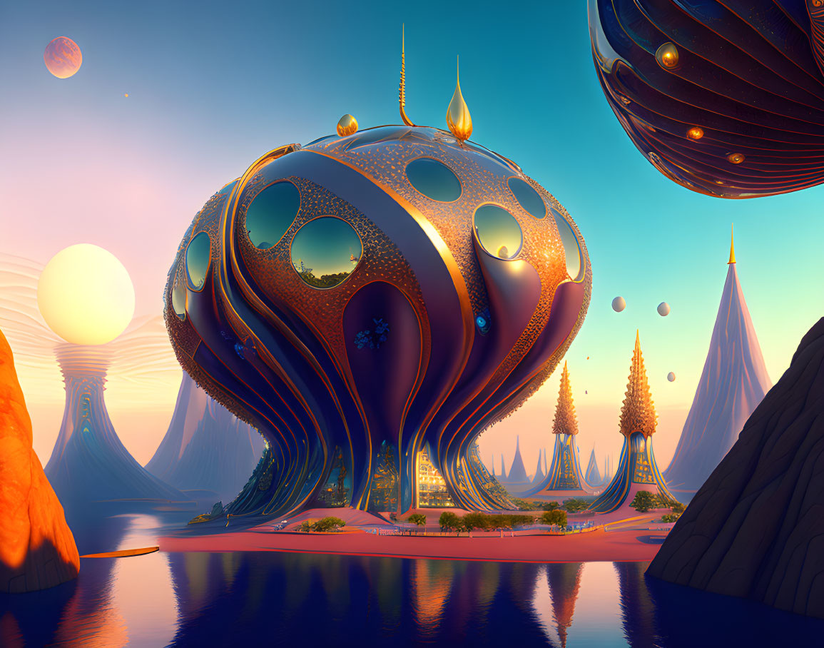 Futuristic spherical building with golden domes in alien landscape