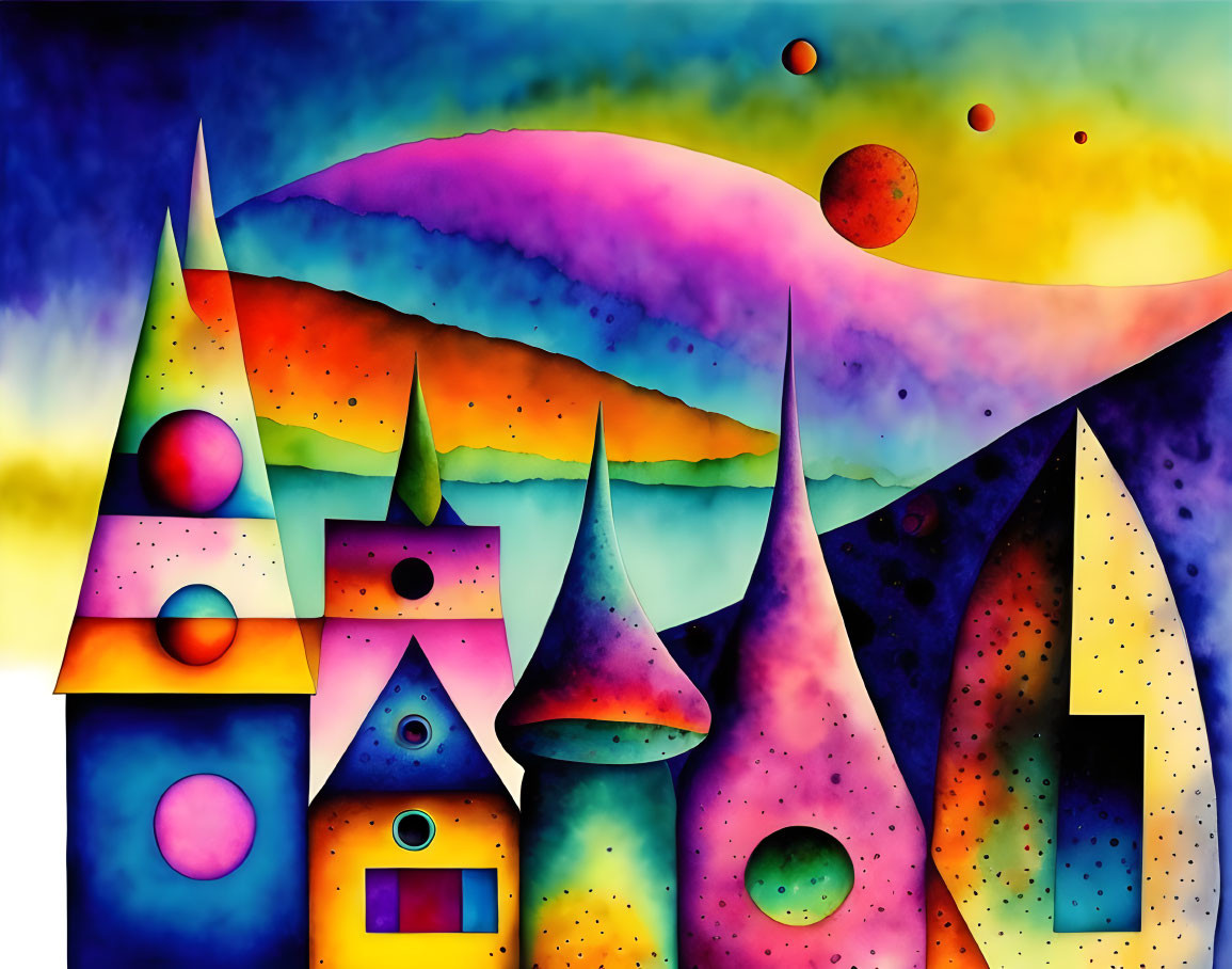 Colorful Abstract Painting: Geometric Shapes & Imaginative Sky