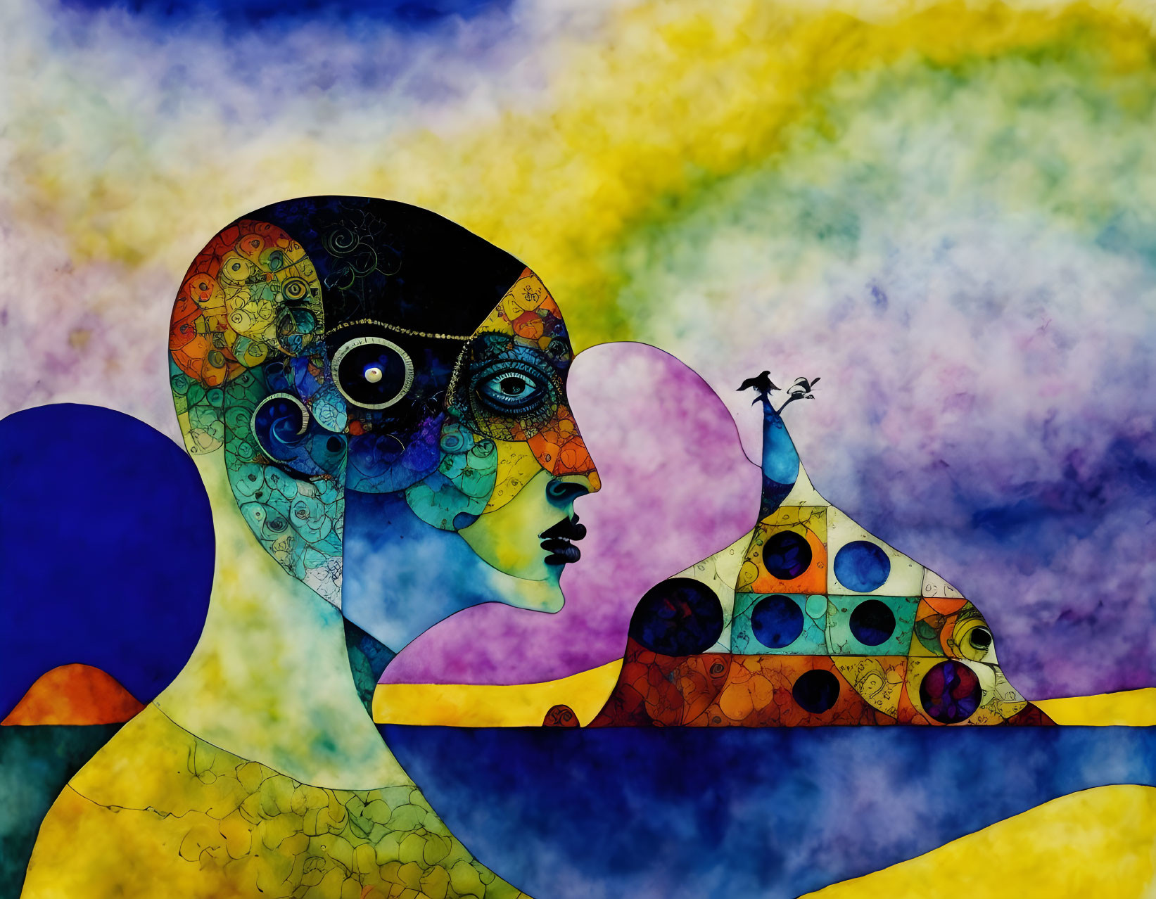 Colorful Abstract Illustration: Human Profile & Whimsical Snail