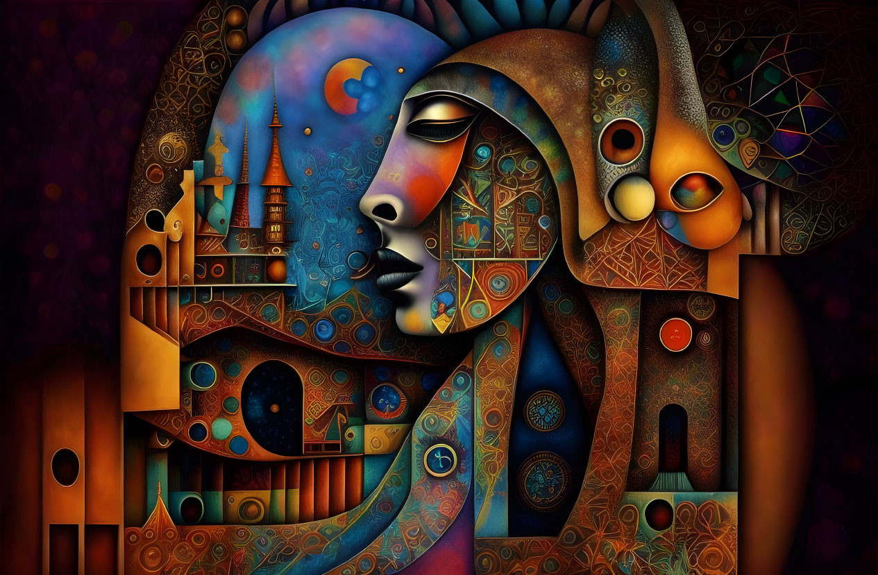 Abstract colorful artwork: Stylized female face with cosmic patterns on dark background