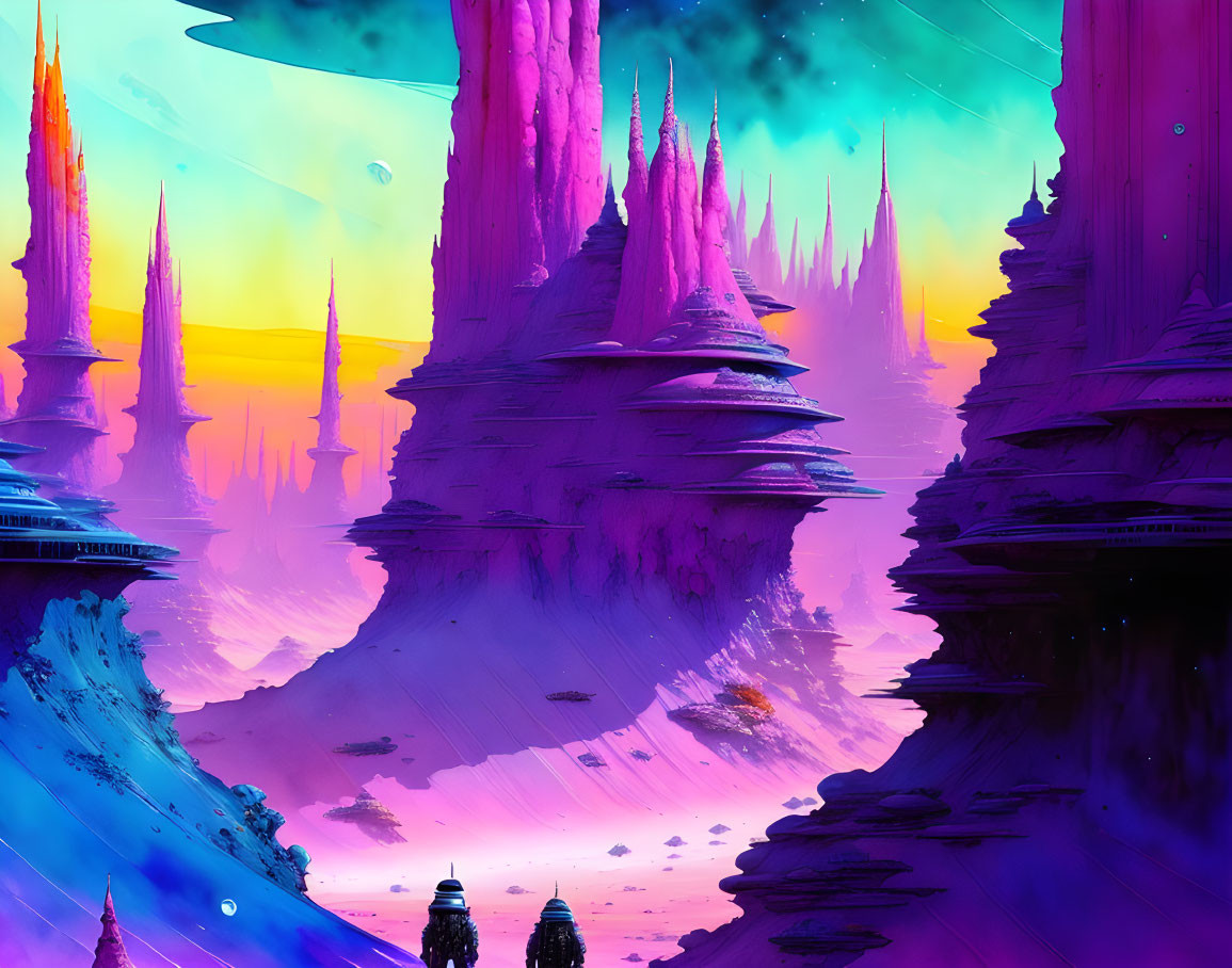 Colorful sci-fi landscape with towering purple spires and reflective water