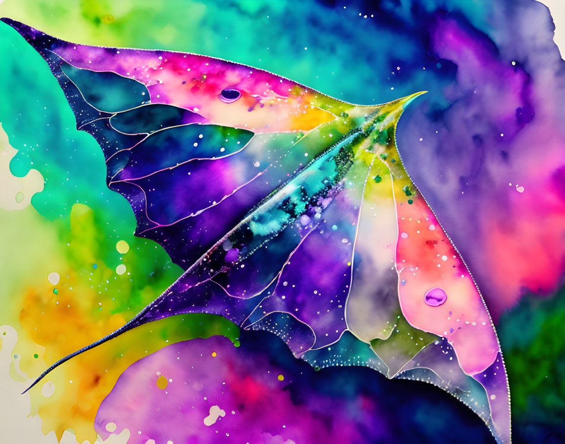 Colorful Watercolor Painting of Leaf on Multicolored Background