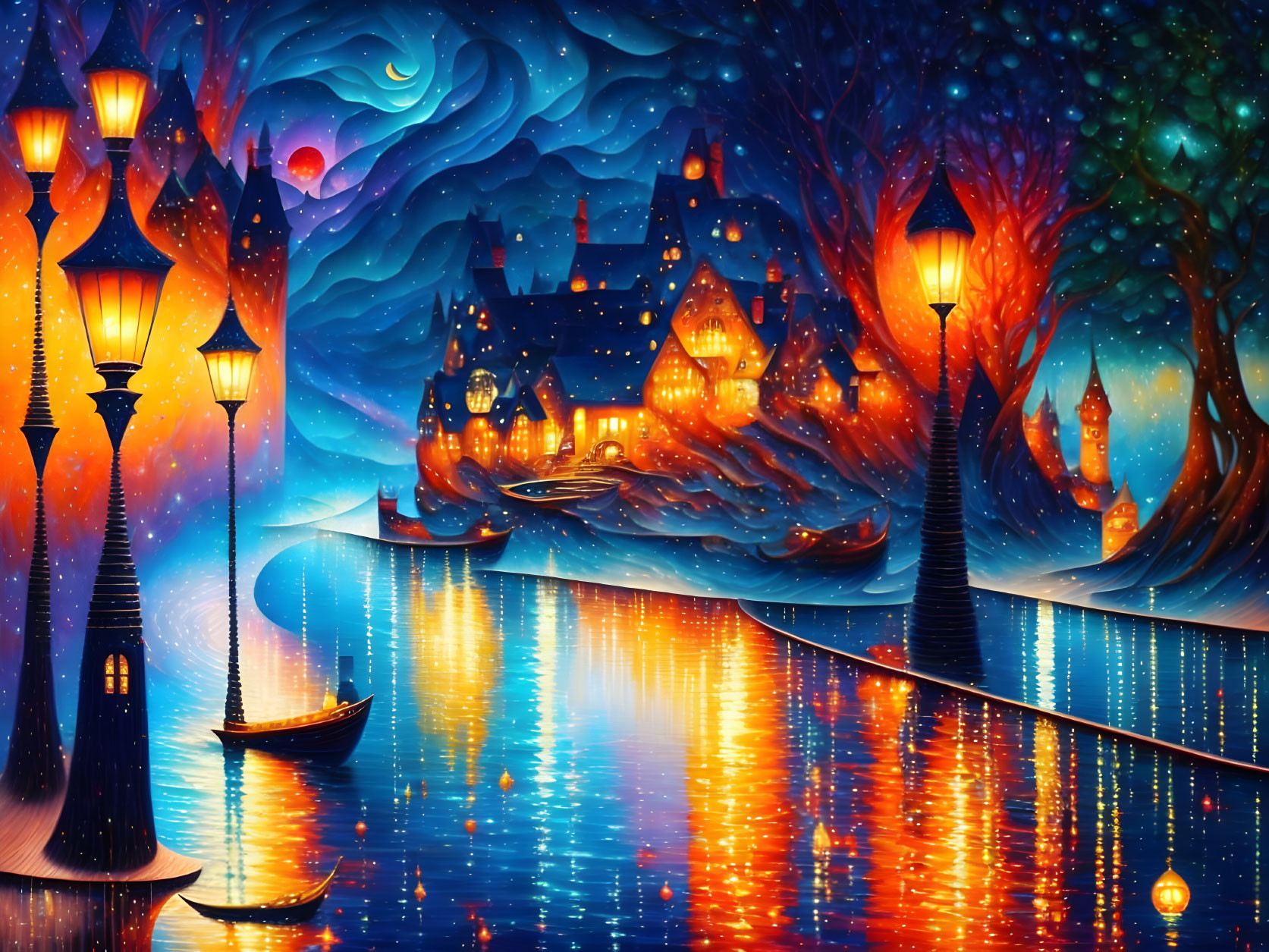 Colorful Fantasy Artwork: Moonlit Night Scene with Teal and Orange Tones