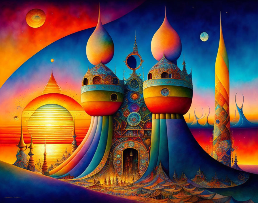 Vibrant painting of onion-domed structures at sunset