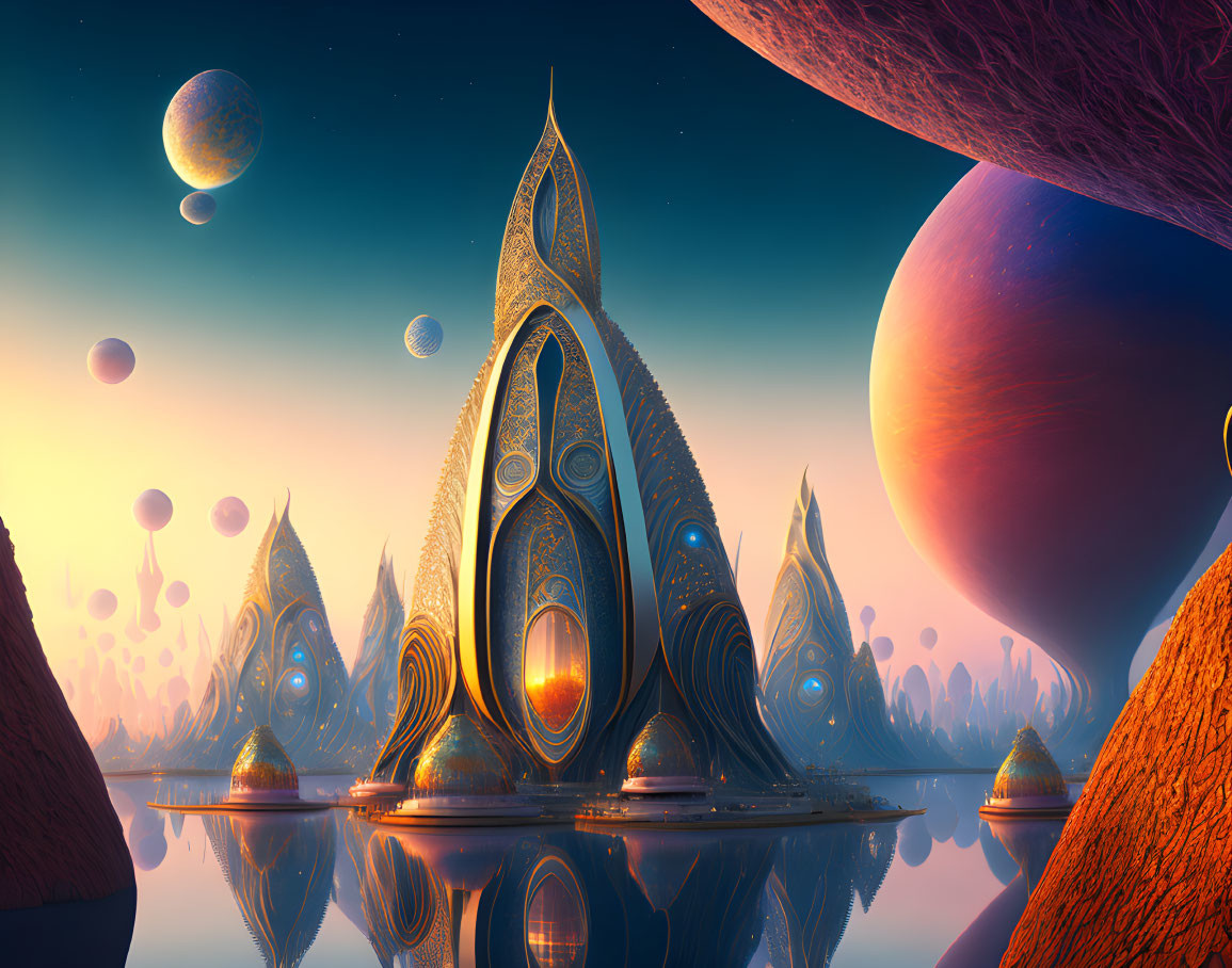 Alien city with towering structures and colorful planets in surreal sky