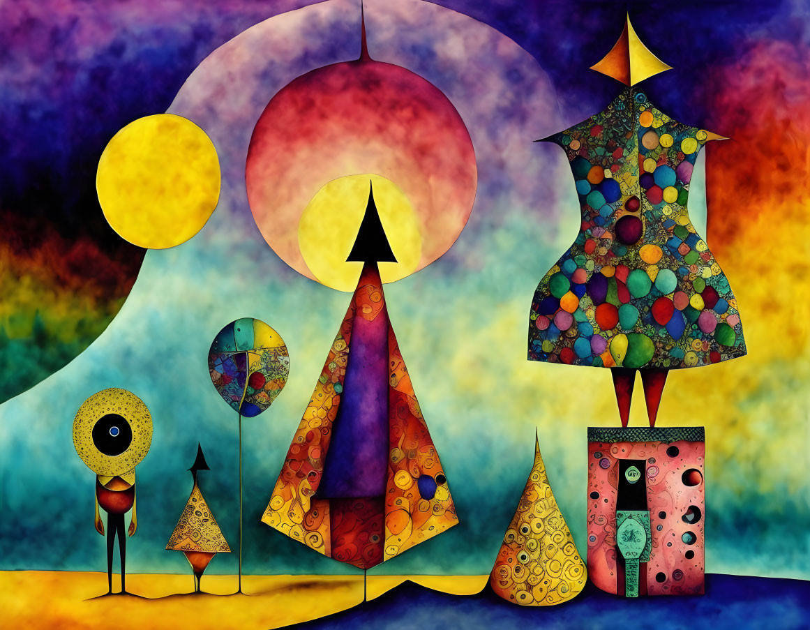 Colorful Abstract Painting with Trees, Celestial Bodies, and Figure