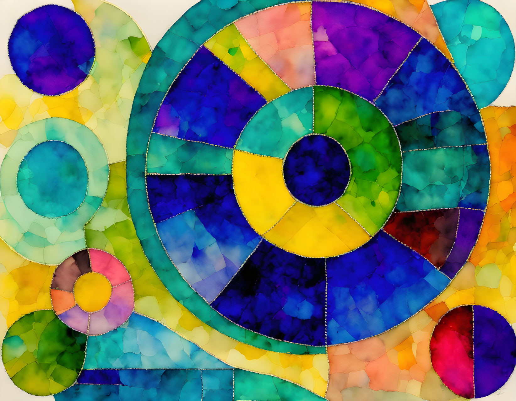 Circular Stained Glass Artwork with Colorful Segments