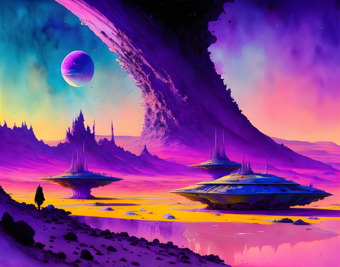 Futuristic sci-fi landscape with spaceships and alien structures