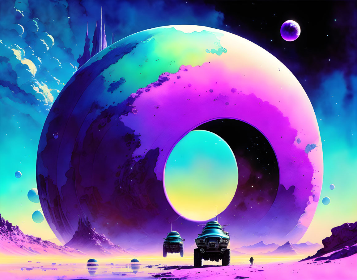 Colorful sci-fi landscape with ringed planet, futuristic structures, and silhouetted figures.