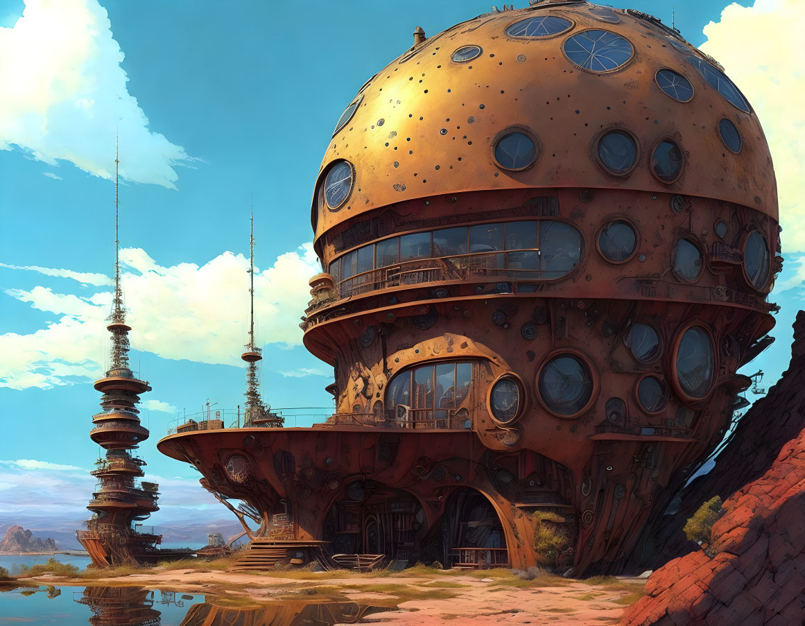 Futuristic spherical building with porthole windows and antennas on rocky terrain by water