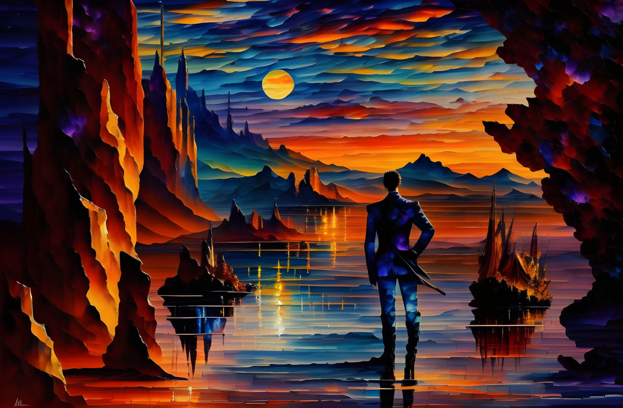 Silhouette of person at cave entrance facing colorful seascape with cliffs and ships