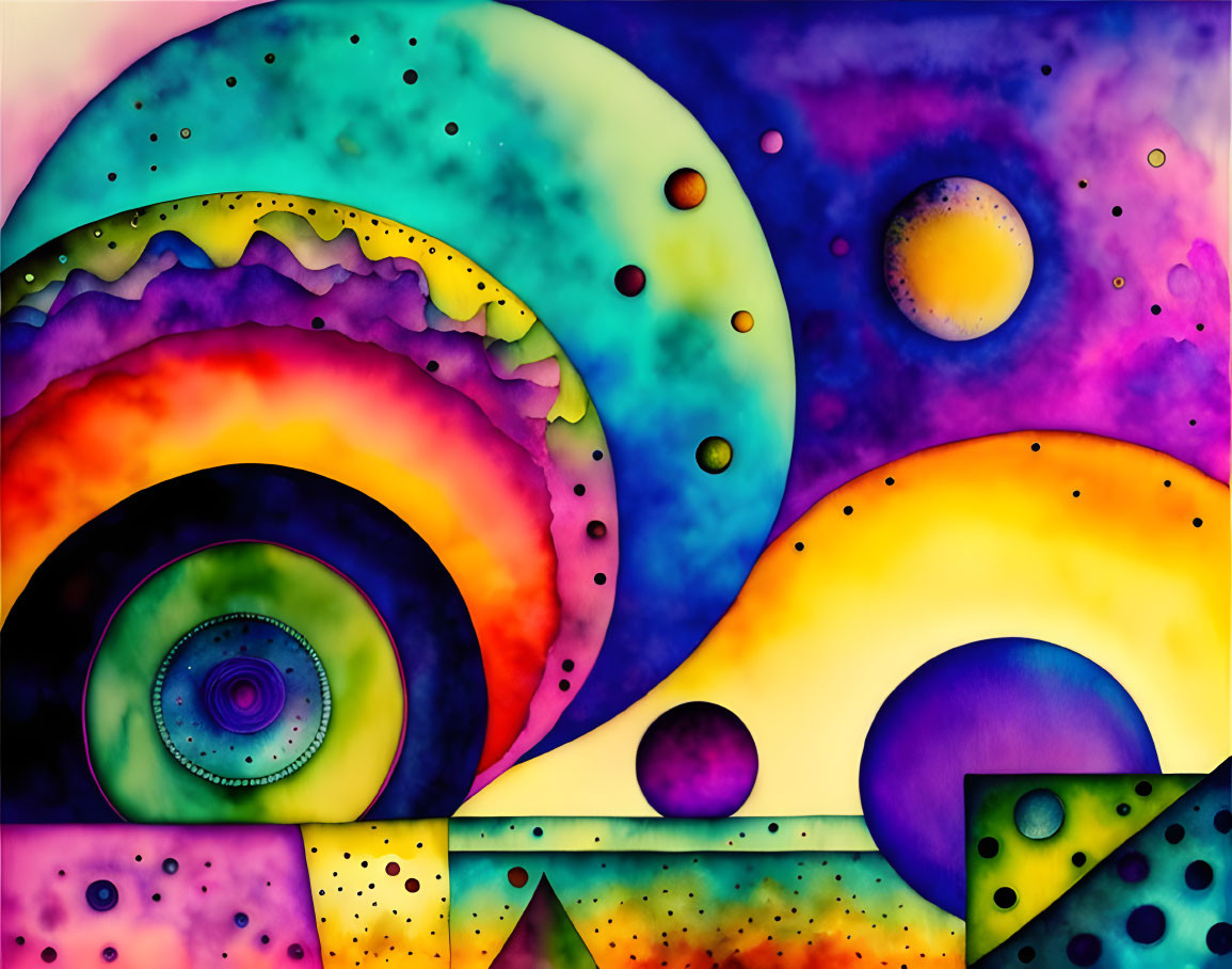 Colorful Abstract Painting with Swirls, Dots, and Cosmic Motifs