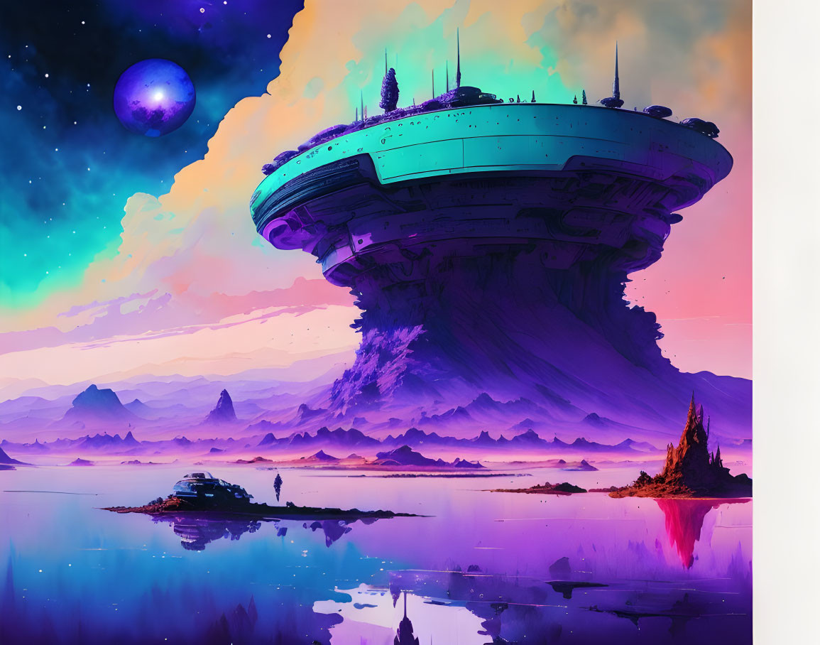 Large spaceship floats above purple and pink mountains in sci-fi landscape.