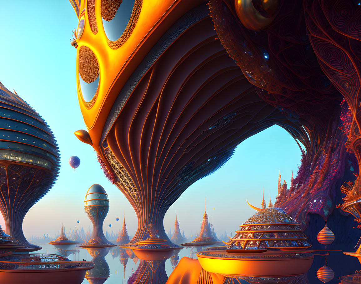 Futuristic alien cityscape with organic architecture in golden and blue hues