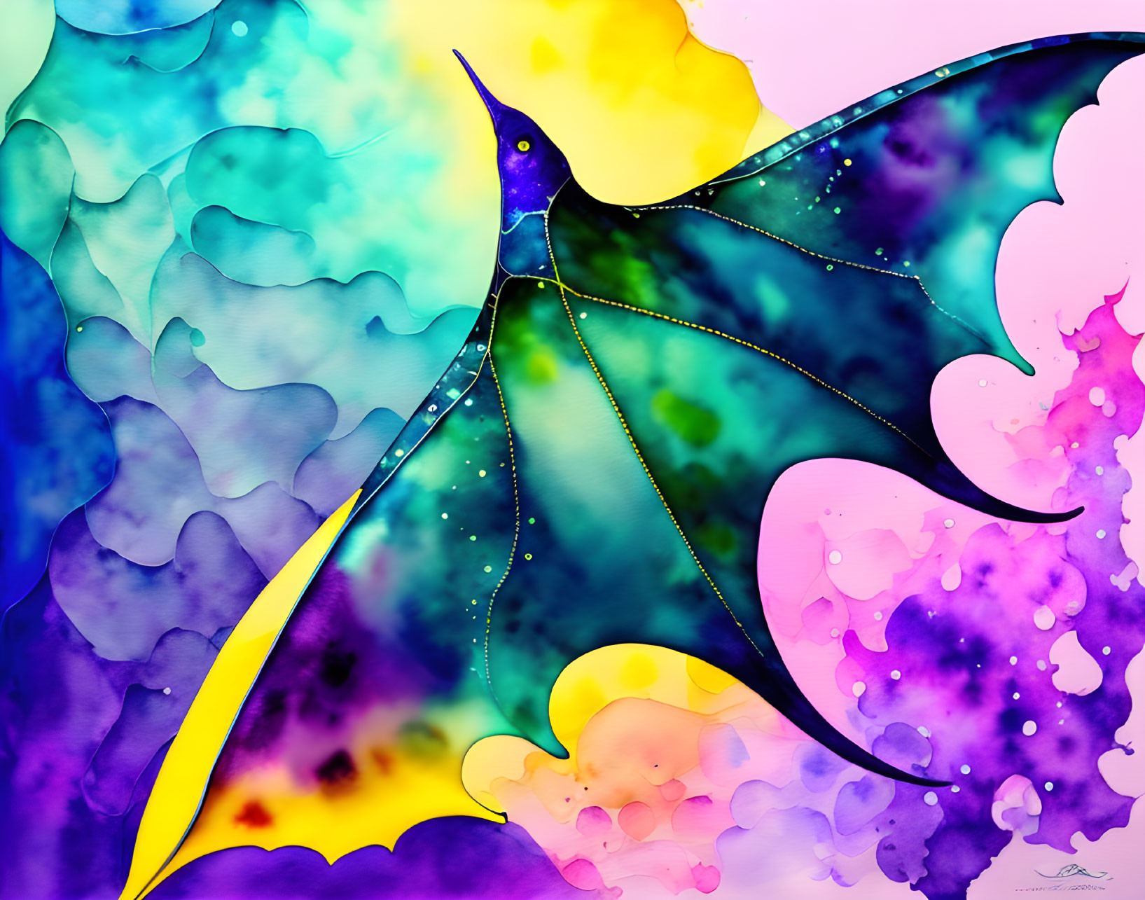 Colorful watercolor-style hummingbird illustration on abstract ink blot background