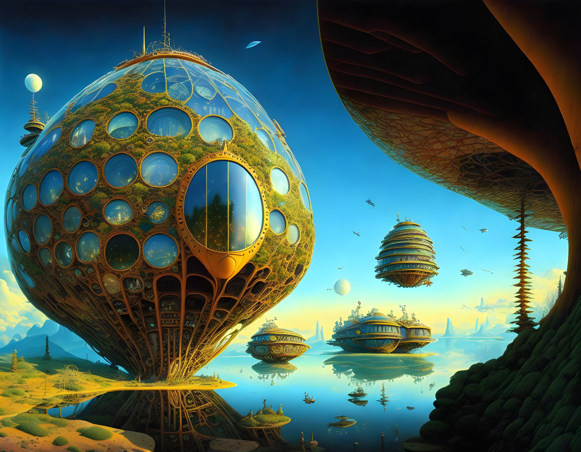 Futuristic sci-fi landscape with floating spheres and lush greenery