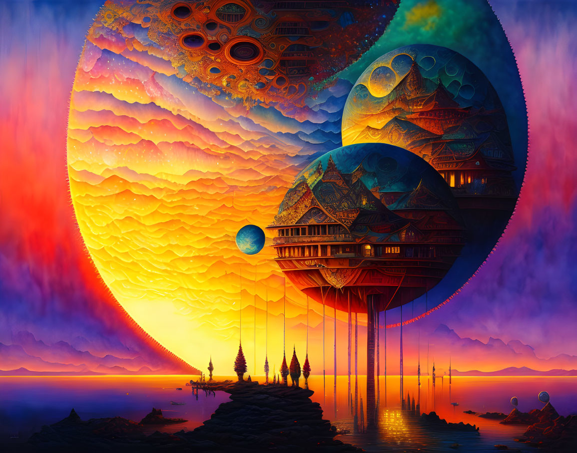 Surreal steampunk cities in colorful sky over calm waters