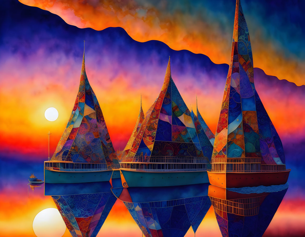 Vibrant sunset sky with colorful patterned sails on fantastical ships