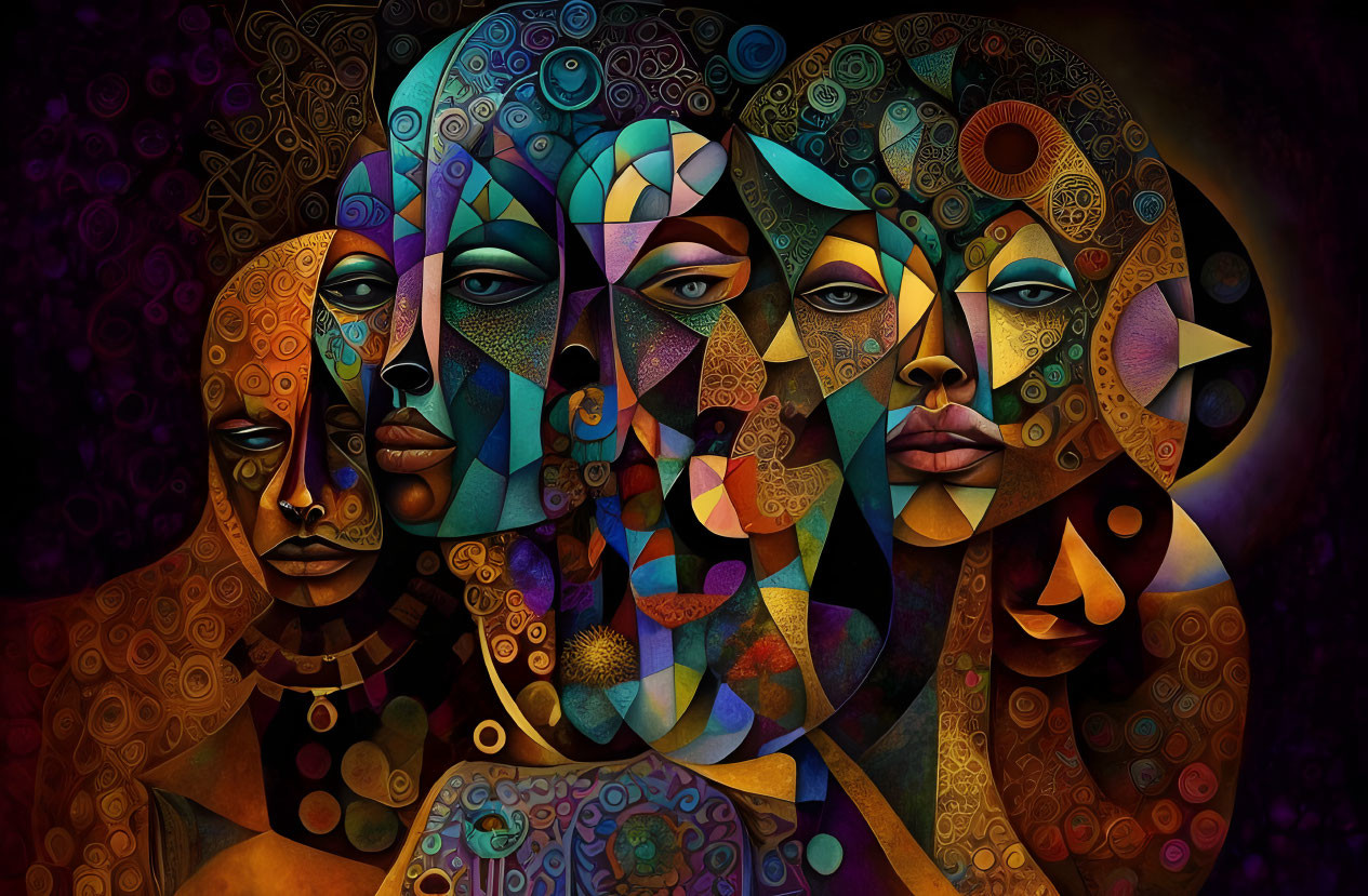 Abstract Artwork: Overlapping Faces with Geometric Shapes