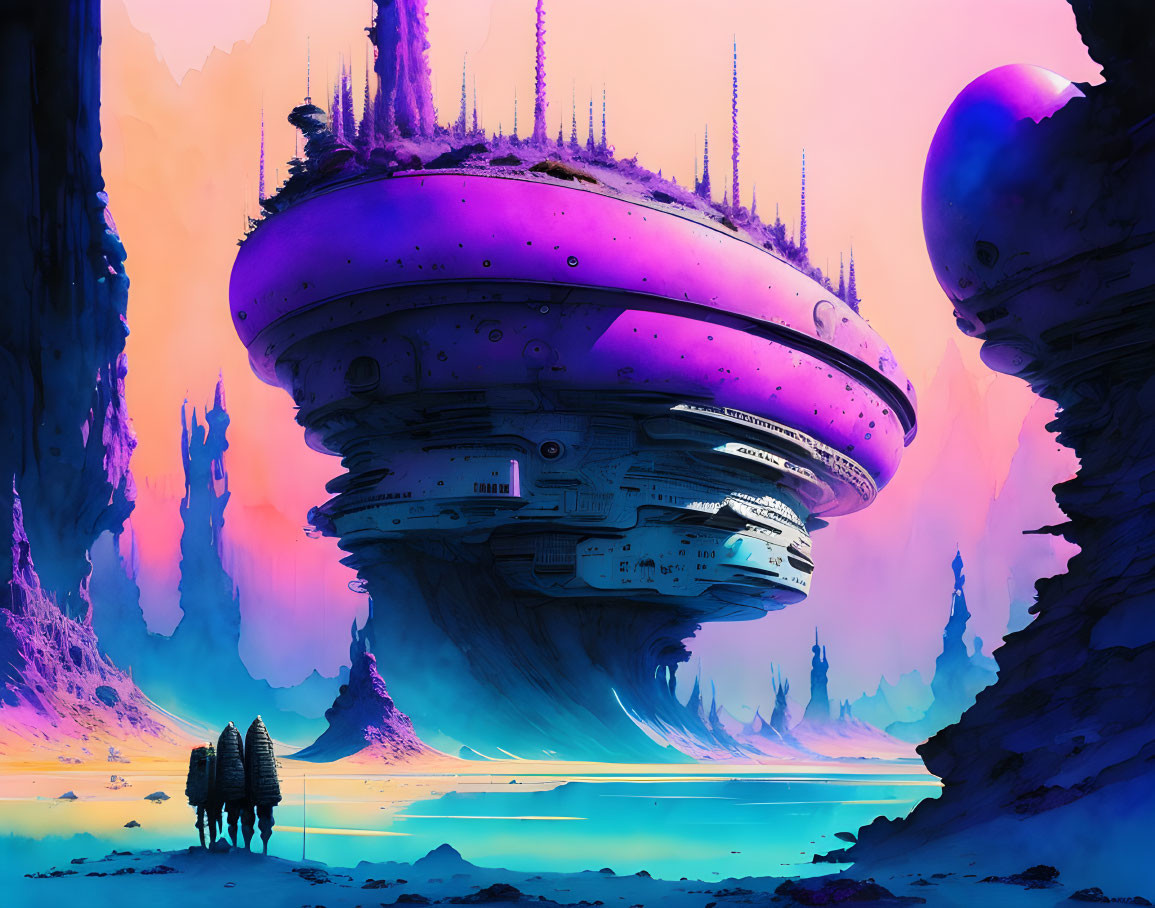 Sci-fi landscape with hovering alien spaceship and figures by blue lake