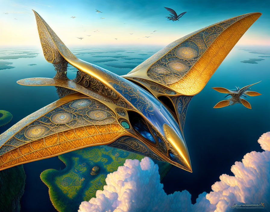 Ornate mechanical birds soar over surreal landscape