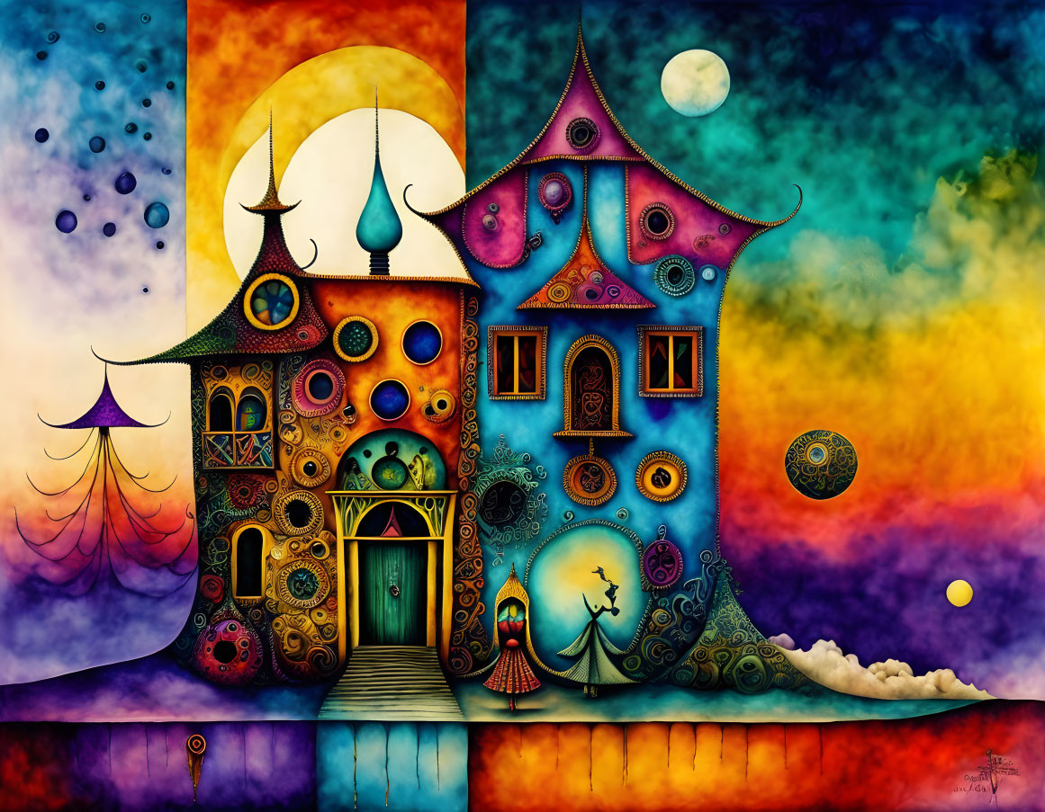 Colorful painting of ornate house against sunset sky with celestial bodies and person silhouette.