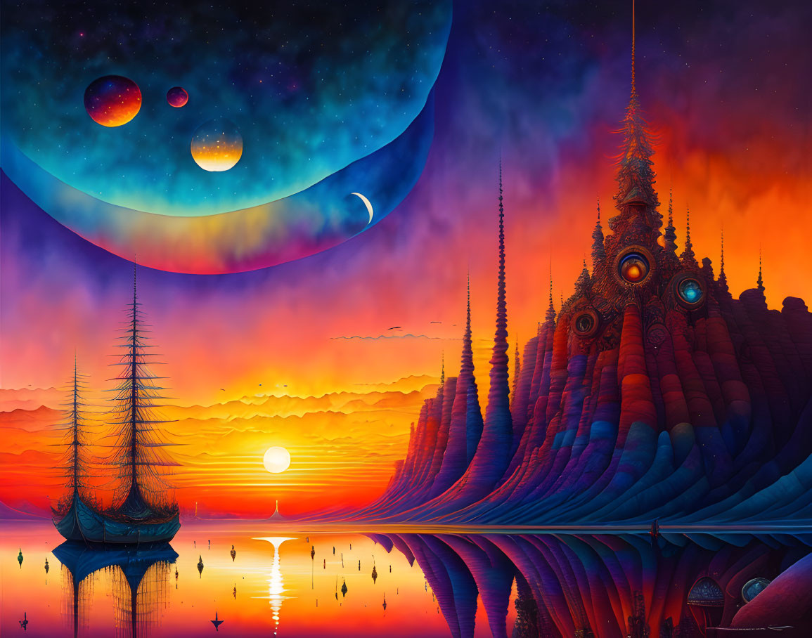 Surreal landscape with fiery colors, spire-like structures, ship, and celestial bodies