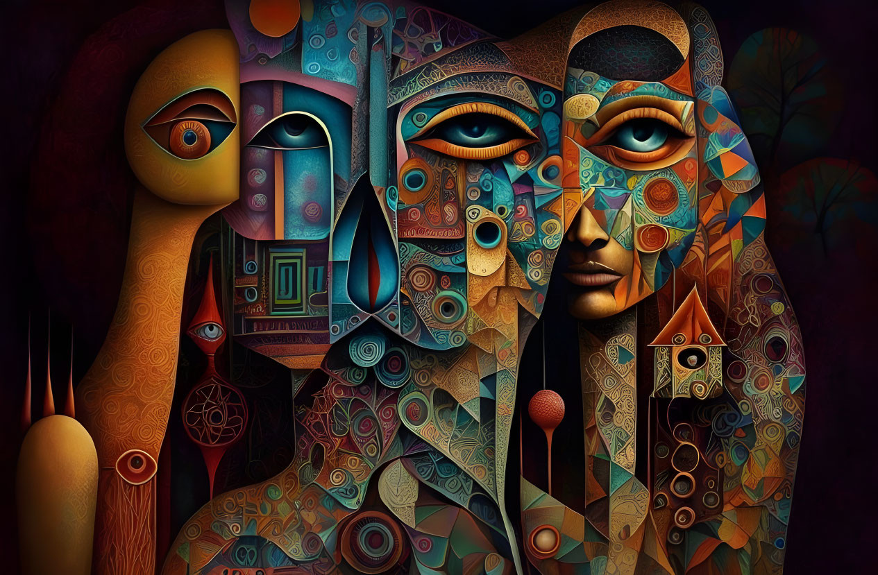 Abstract Cubist-Style Digital Artwork: Surreal Faces & Geometric Patterns